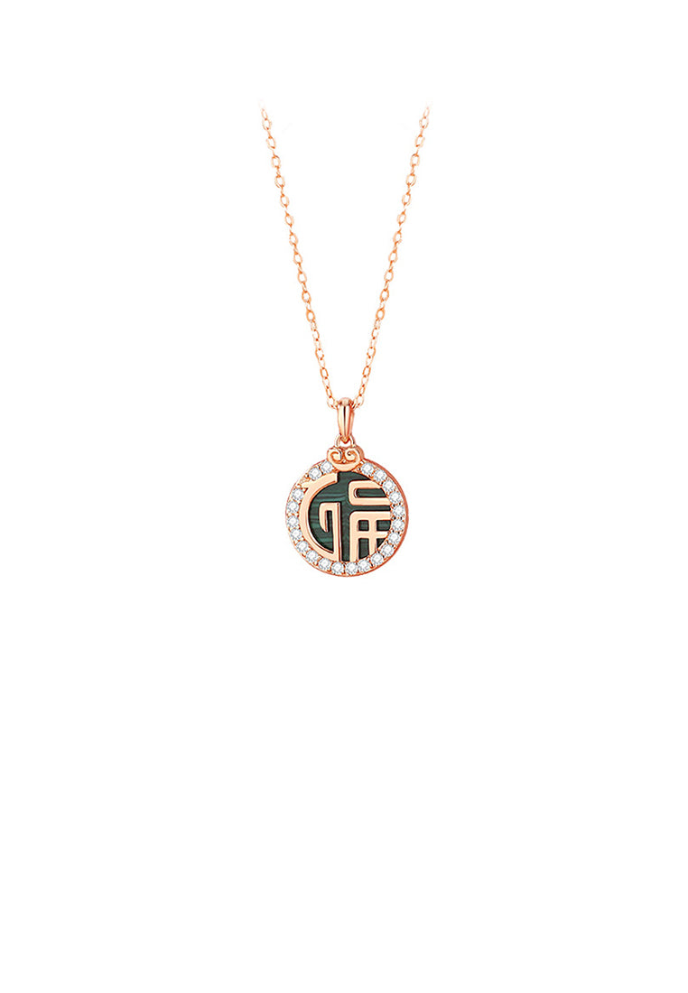 925 Sterling Silver Plated Rose Gold Fashion Vintage Blessing Characters Geometric Round Pendant with Cubic Zirconia and Necklace - Luxurious Look