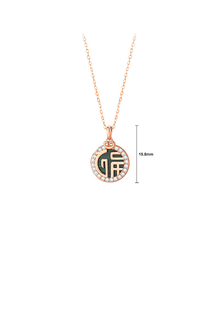 925 Sterling Silver Plated Rose Gold Fashion Vintage Blessing Characters Geometric Round Pendant with Cubic Zirconia and Necklace - Luxurious Look