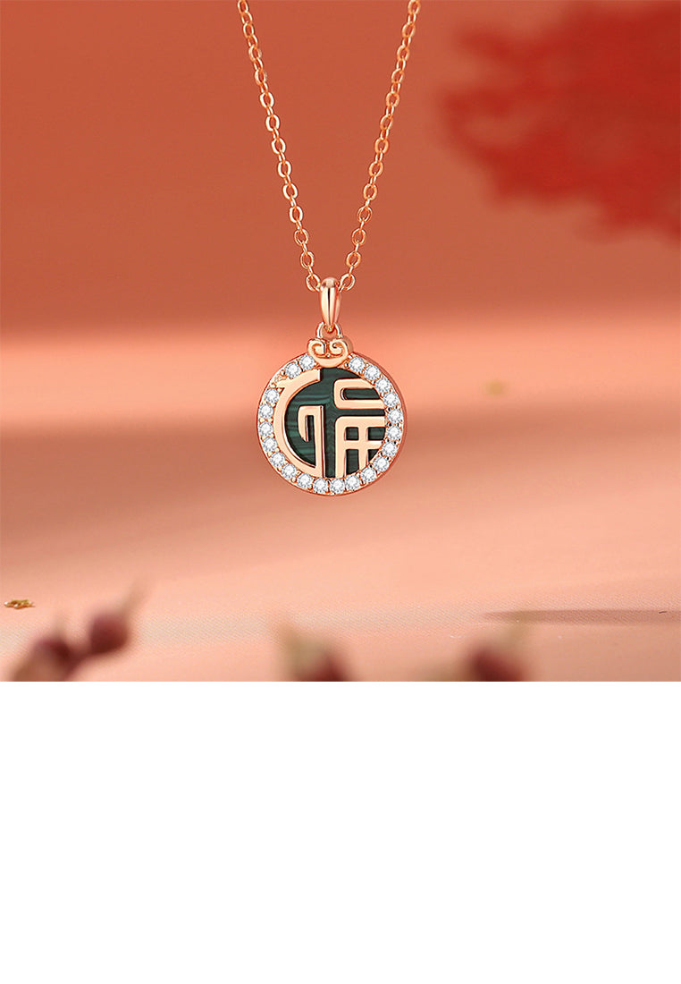 925 Sterling Silver Plated Rose Gold Fashion Vintage Blessing Characters Geometric Round Pendant with Cubic Zirconia and Necklace - Luxurious Look