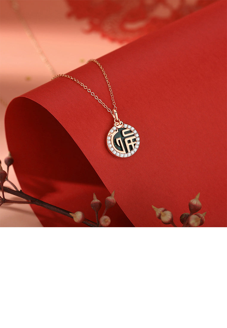 925 Sterling Silver Plated Rose Gold Fashion Vintage Blessing Characters Geometric Round Pendant with Cubic Zirconia and Necklace - Luxurious Look