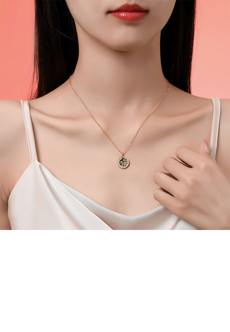 925 Sterling Silver Plated Rose Gold Fashion Vintage Blessing Characters Geometric Round Pendant with Cubic Zirconia and Necklace - Luxurious Look