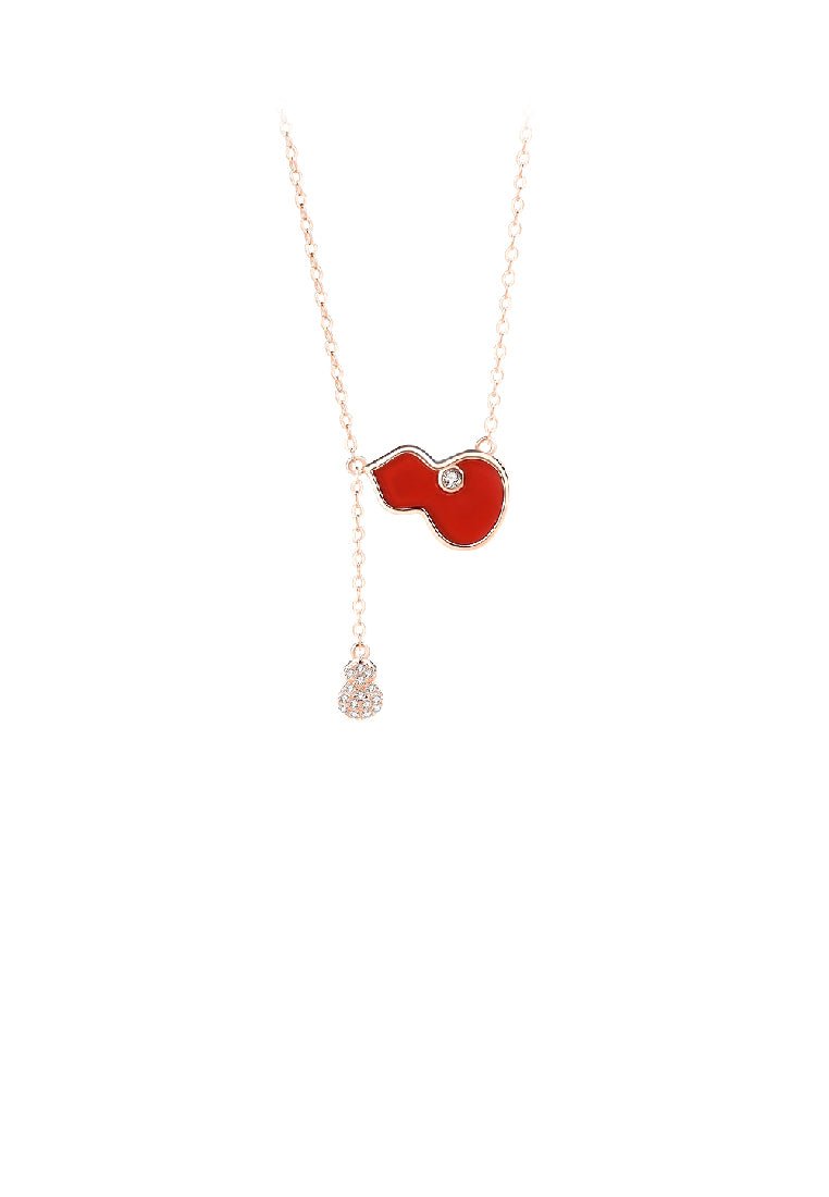 925 Sterling Silver Plated Rose Gold Fashion Vintage Gourd Red Imitation Agate Tassel Pendant with Cubic Zirconia and Necklace - Luxurious Look - Vibrant Color