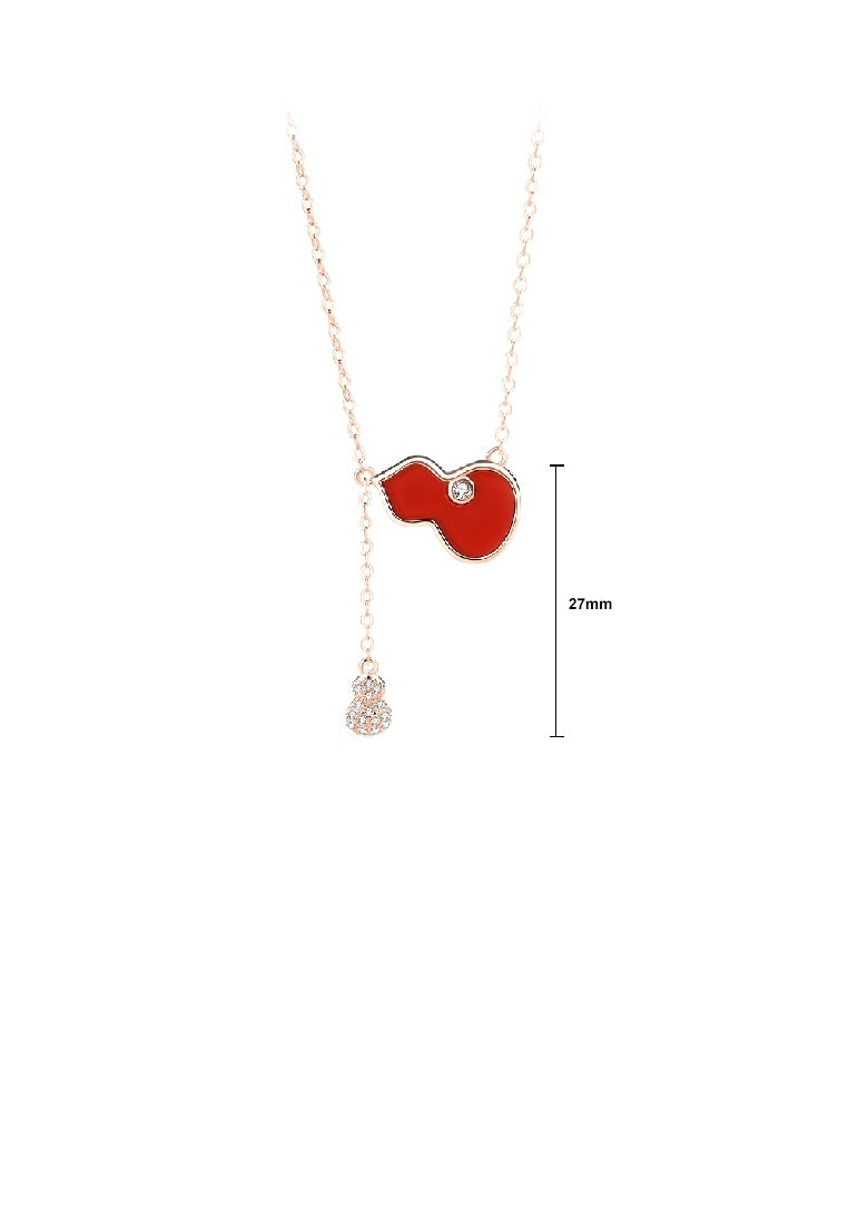 925 Sterling Silver Plated Rose Gold Fashion Vintage Gourd Red Imitation Agate Tassel Pendant with Cubic Zirconia and Necklace - Luxurious Look - Vibrant Color