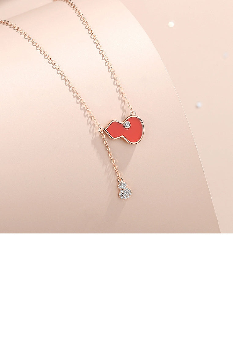925 Sterling Silver Plated Rose Gold Fashion Vintage Gourd Red Imitation Agate Tassel Pendant with Cubic Zirconia and Necklace - Luxurious Look - Vibrant Color