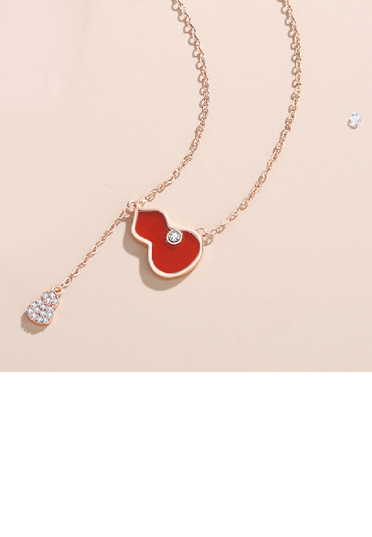 925 Sterling Silver Plated Rose Gold Fashion Vintage Gourd Red Imitation Agate Tassel Pendant with Cubic Zirconia and Necklace - Luxurious Look - Vibrant Color