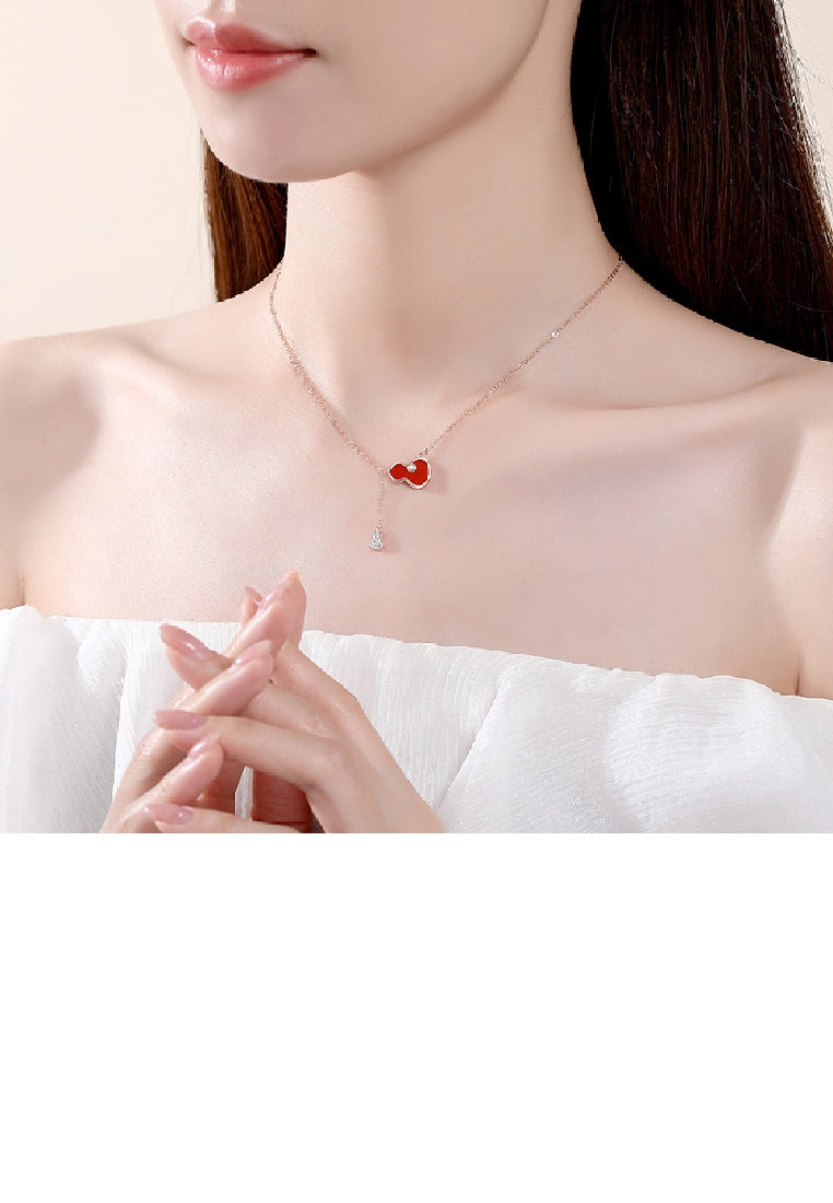 925 Sterling Silver Plated Rose Gold Fashion Vintage Gourd Red Imitation Agate Tassel Pendant with Cubic Zirconia and Necklace - Luxurious Look - Vibrant Color