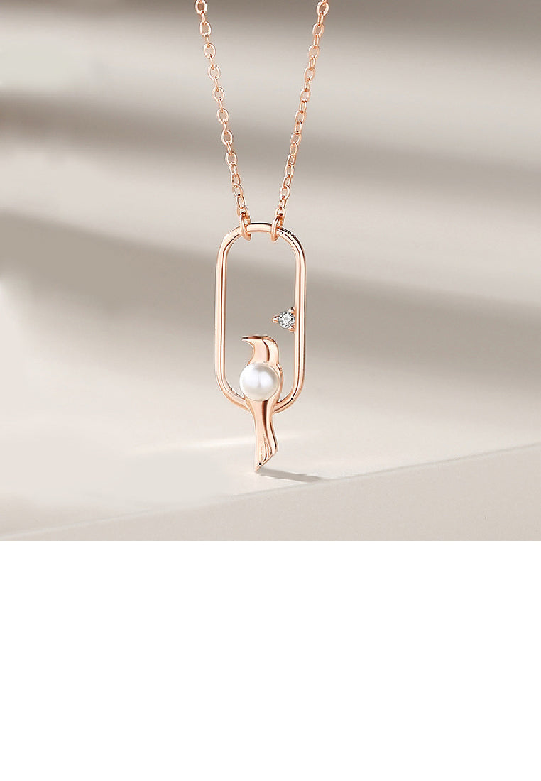 925 Sterling Silver Plated Rose Gold Fashion Creative Bird Imitation Pearl Geometric Pendant with Necklace - Luxurious Look