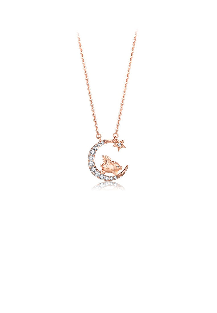 925 Sterling Silver Plated Rose Gold Fashion Simple Twelve Zodiac Pig Moon Pendant with Cubic Zirconia and Necklace - Luxurious Look
