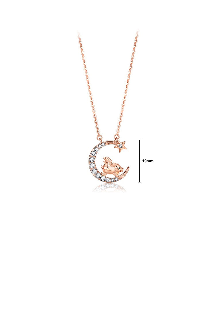 925 Sterling Silver Plated Rose Gold Fashion Simple Twelve Zodiac Pig Moon Pendant with Cubic Zirconia and Necklace - Luxurious Look