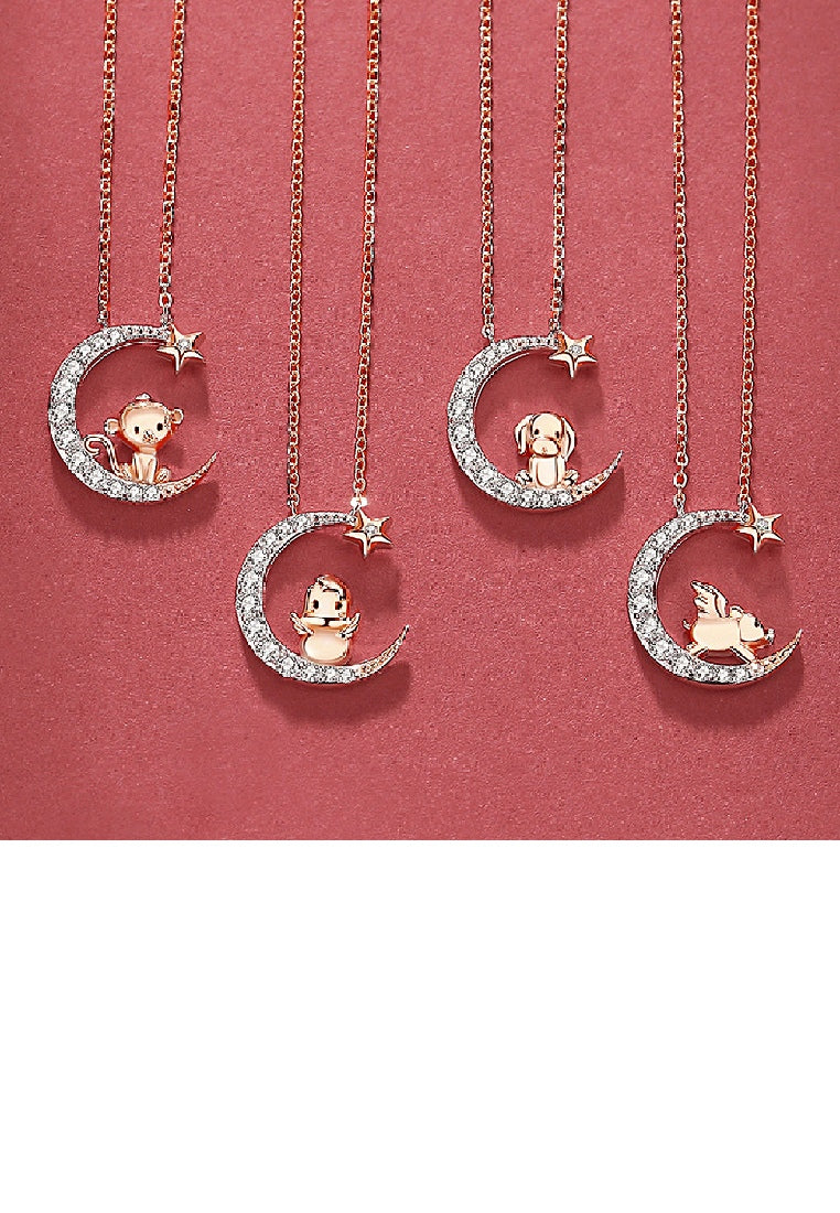 925 Sterling Silver Plated Rose Gold Fashion Simple Twelve Zodiac Pig Moon Pendant with Cubic Zirconia and Necklace - Luxurious Look