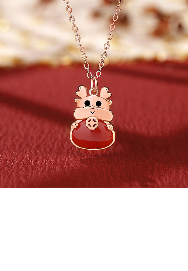 925 Sterling Silver Plated Rose Gold Fashion and Cute Chinese Zodiac Dragon Imitation Agate Pendant with Necklace