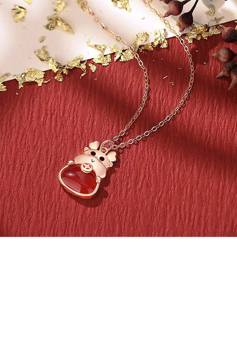 925 Sterling Silver Plated Rose Gold Fashion and Cute Chinese Zodiac Dragon Imitation Agate Pendant with Necklace