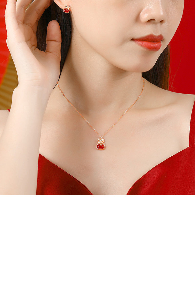 925 Sterling Silver Plated Rose Gold Fashion and Cute Chinese Zodiac Dragon Imitation Agate Pendant with Necklace