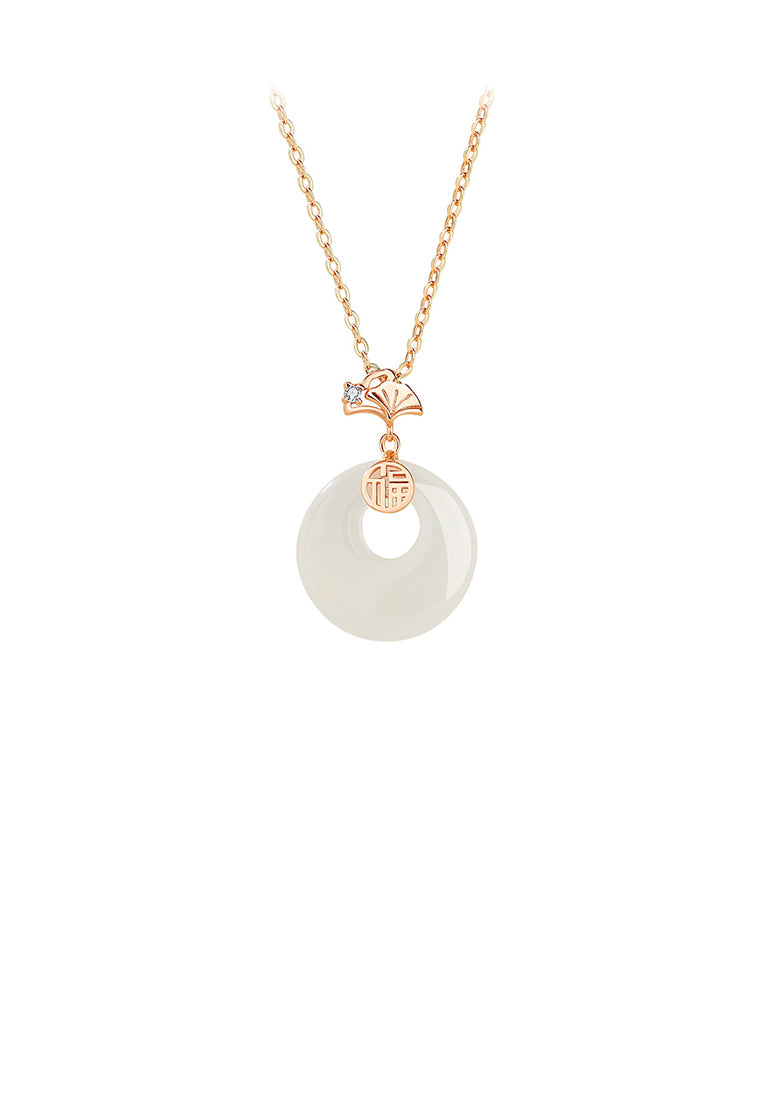 925 Sterling Silver Plated Rose Gold Simple Vintage Ginkgo Leaf Imitation Chalcedony Pendant with Cubic Zirconia and Necklace - Luxurious Look