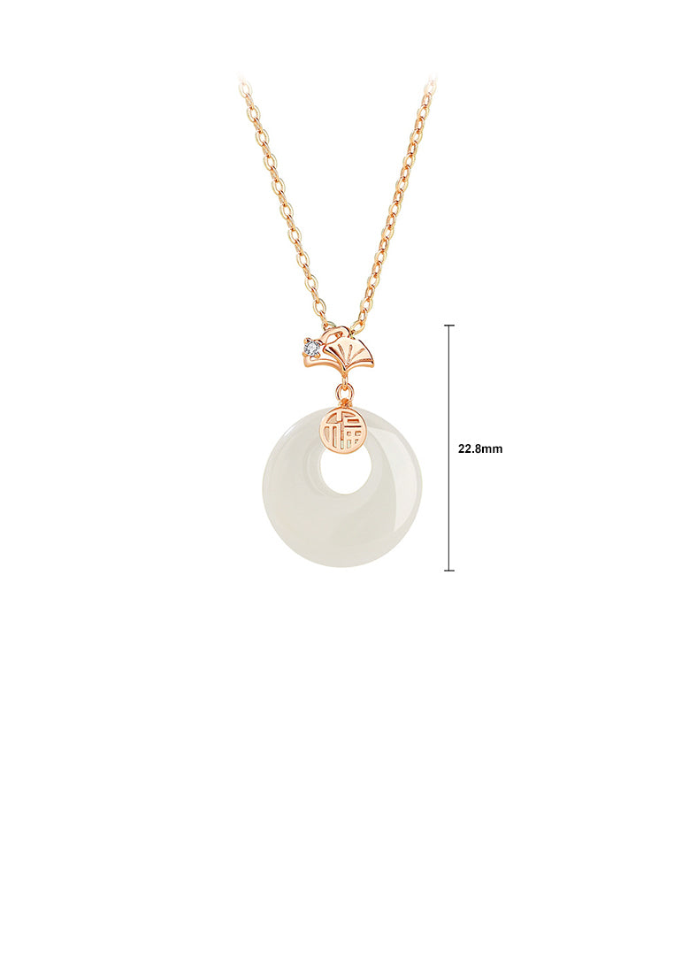 925 Sterling Silver Plated Rose Gold Simple Vintage Ginkgo Leaf Imitation Chalcedony Pendant with Cubic Zirconia and Necklace - Luxurious Look