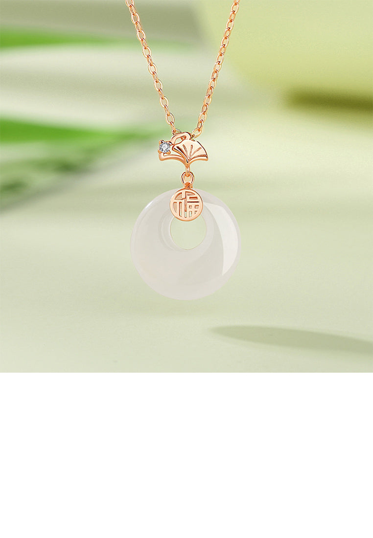 925 Sterling Silver Plated Rose Gold Simple Vintage Ginkgo Leaf Imitation Chalcedony Pendant with Cubic Zirconia and Necklace - Luxurious Look