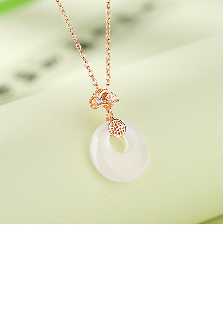 925 Sterling Silver Plated Rose Gold Simple Vintage Ginkgo Leaf Imitation Chalcedony Pendant with Cubic Zirconia and Necklace - Luxurious Look
