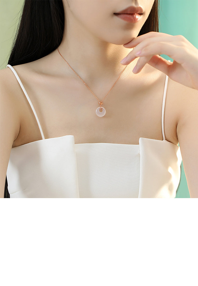 925 Sterling Silver Plated Rose Gold Simple Vintage Ginkgo Leaf Imitation Chalcedony Pendant with Cubic Zirconia and Necklace - Luxurious Look