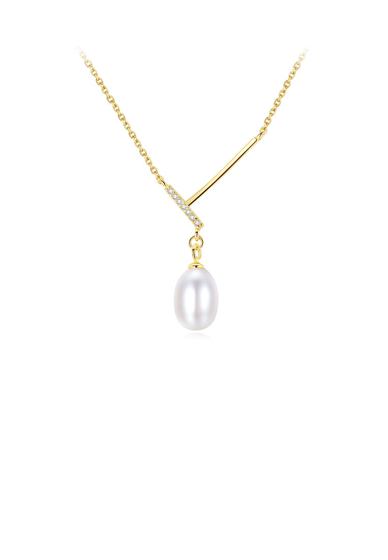 925 Sterling Silver Plated Gold Elegant Simple V-shaped Freshwater Pearl Pendant with Cubic Zirconia and Necklace - Luxurious Look