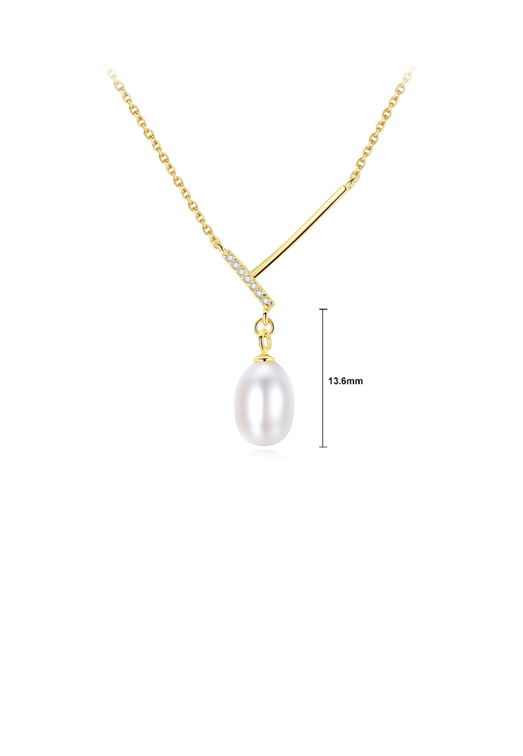 925 Sterling Silver Plated Gold Elegant Simple V-shaped Freshwater Pearl Pendant with Cubic Zirconia and Necklace - Luxurious Look