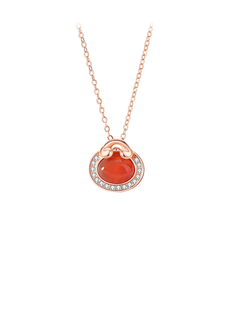 925 Sterling Silver Plated Rose Gold Fashion Vintage Wallet Imitation Red Agate Pendant with Cubic Zirconia and Necklace - Luxurious Look - Vibrant Color
