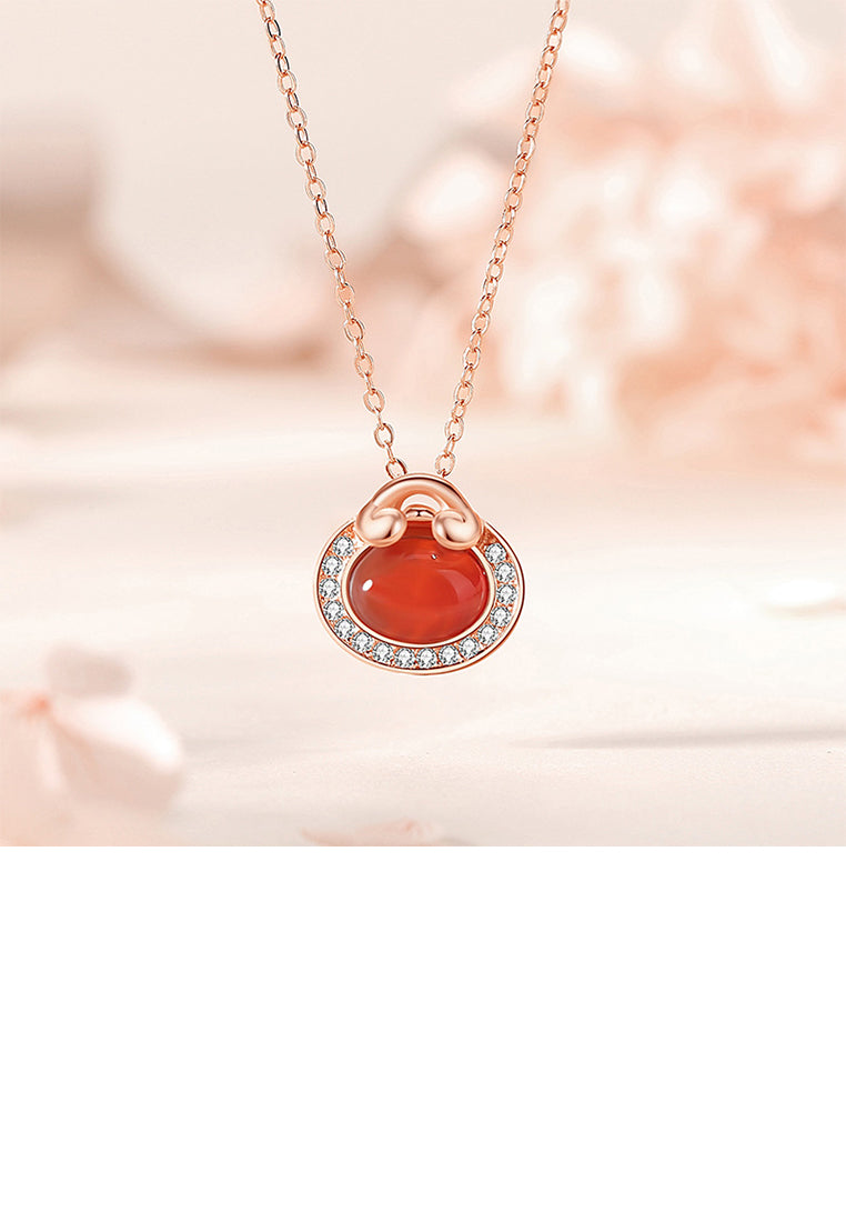 925 Sterling Silver Plated Rose Gold Fashion Vintage Wallet Imitation Red Agate Pendant with Cubic Zirconia and Necklace - Luxurious Look - Vibrant Color
