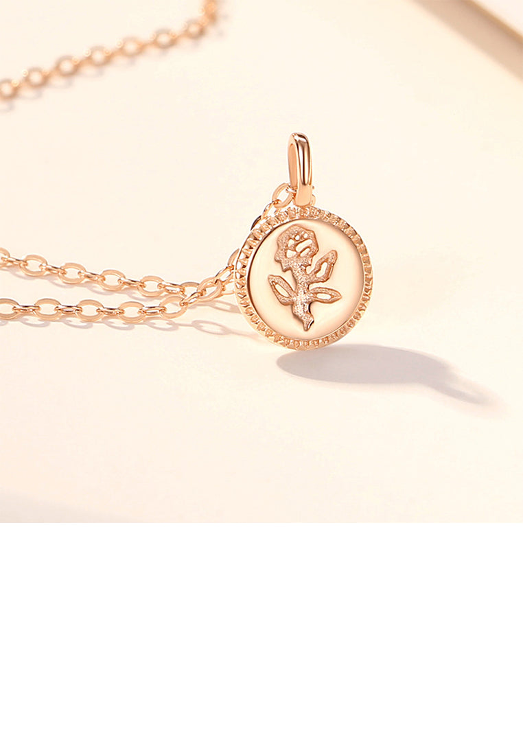 925 Sterling Silver Plated Rose Gold Fashion Simple Rose Geometric Round Pendant with Necklace