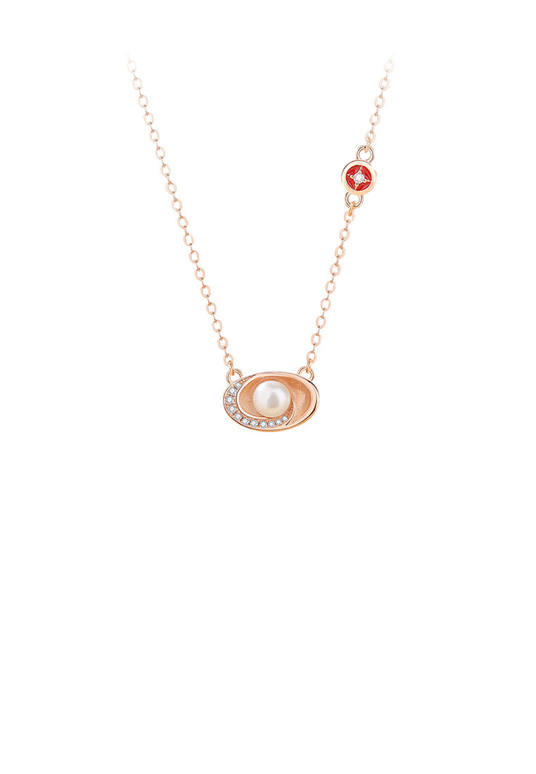 925 Sterling Silver Plated Rose Gold Fashion Vintage Ingot Imitation Pearl Pendant with Cubic Zirconia and Necklace - Luxurious Look