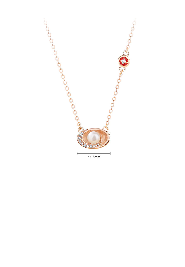 925 Sterling Silver Plated Rose Gold Fashion Vintage Ingot Imitation Pearl Pendant with Cubic Zirconia and Necklace - Luxurious Look