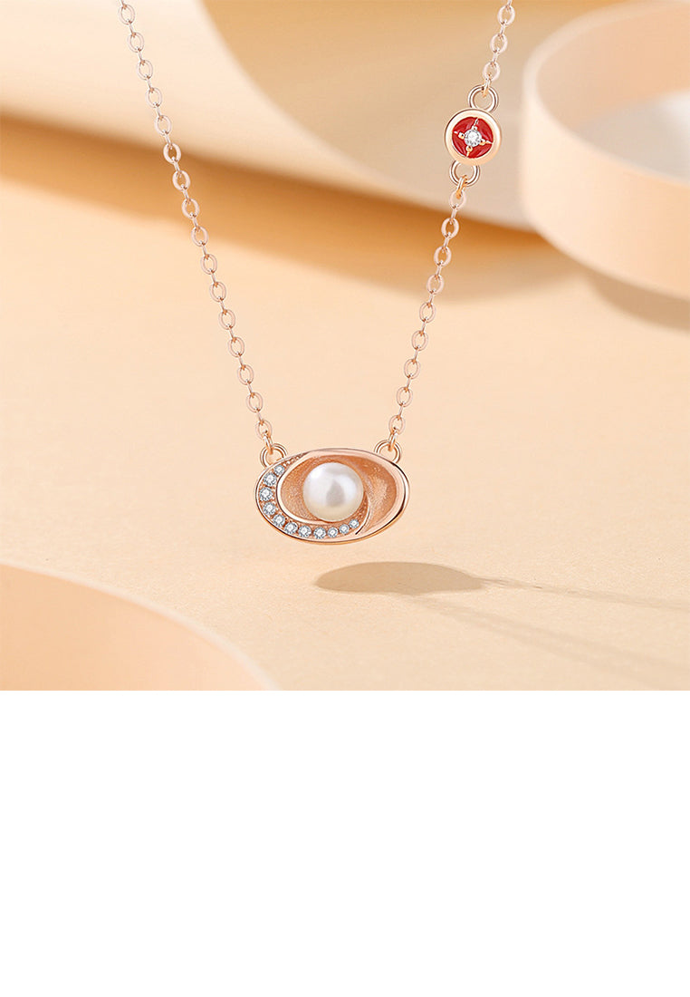 925 Sterling Silver Plated Rose Gold Fashion Vintage Ingot Imitation Pearl Pendant with Cubic Zirconia and Necklace - Luxurious Look
