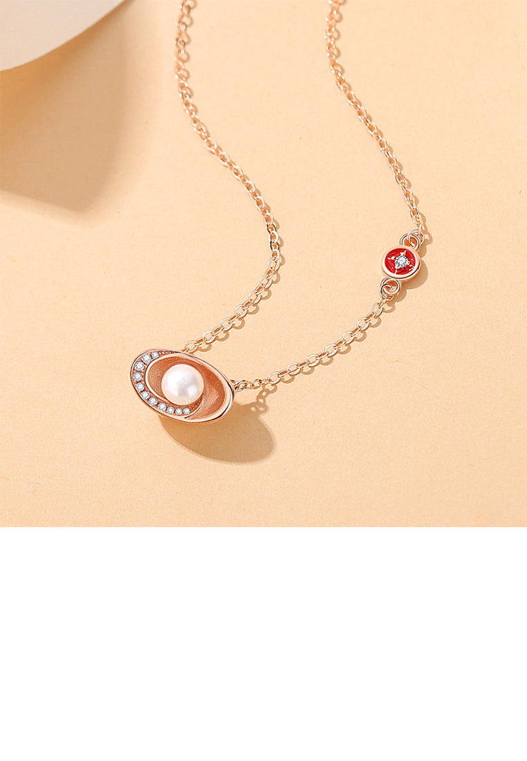 925 Sterling Silver Plated Rose Gold Fashion Vintage Ingot Imitation Pearl Pendant with Cubic Zirconia and Necklace - Luxurious Look