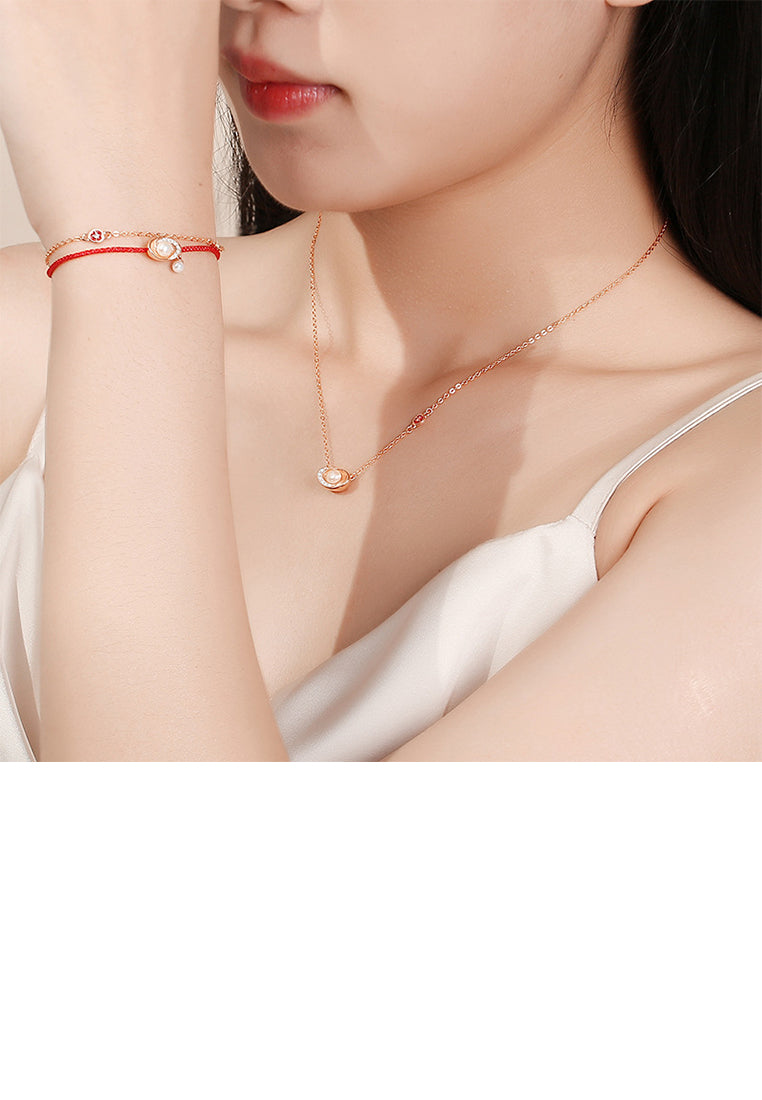 925 Sterling Silver Plated Rose Gold Fashion Vintage Ingot Imitation Pearl Pendant with Cubic Zirconia and Necklace - Luxurious Look