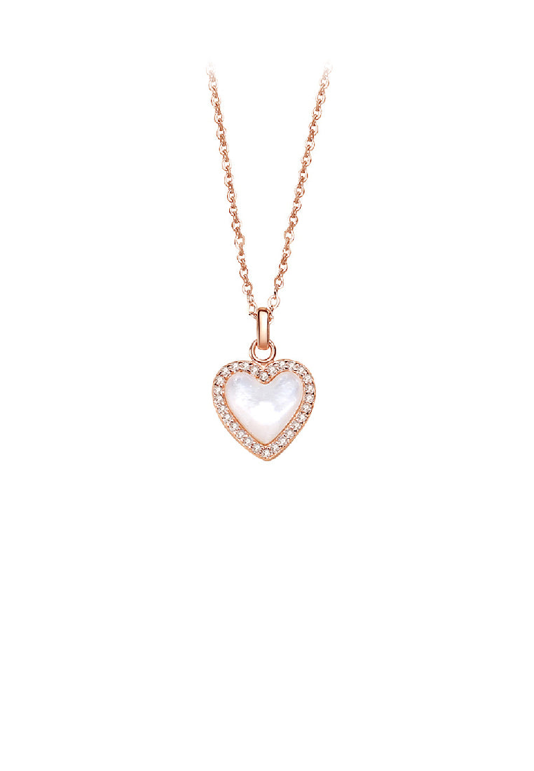 925 Sterling Silver Plated Rose Gold Simple Fashion Heart Shaped Mother Of Pearl Pendant with Cubic Zirconia and Necklace - Luxurious Look