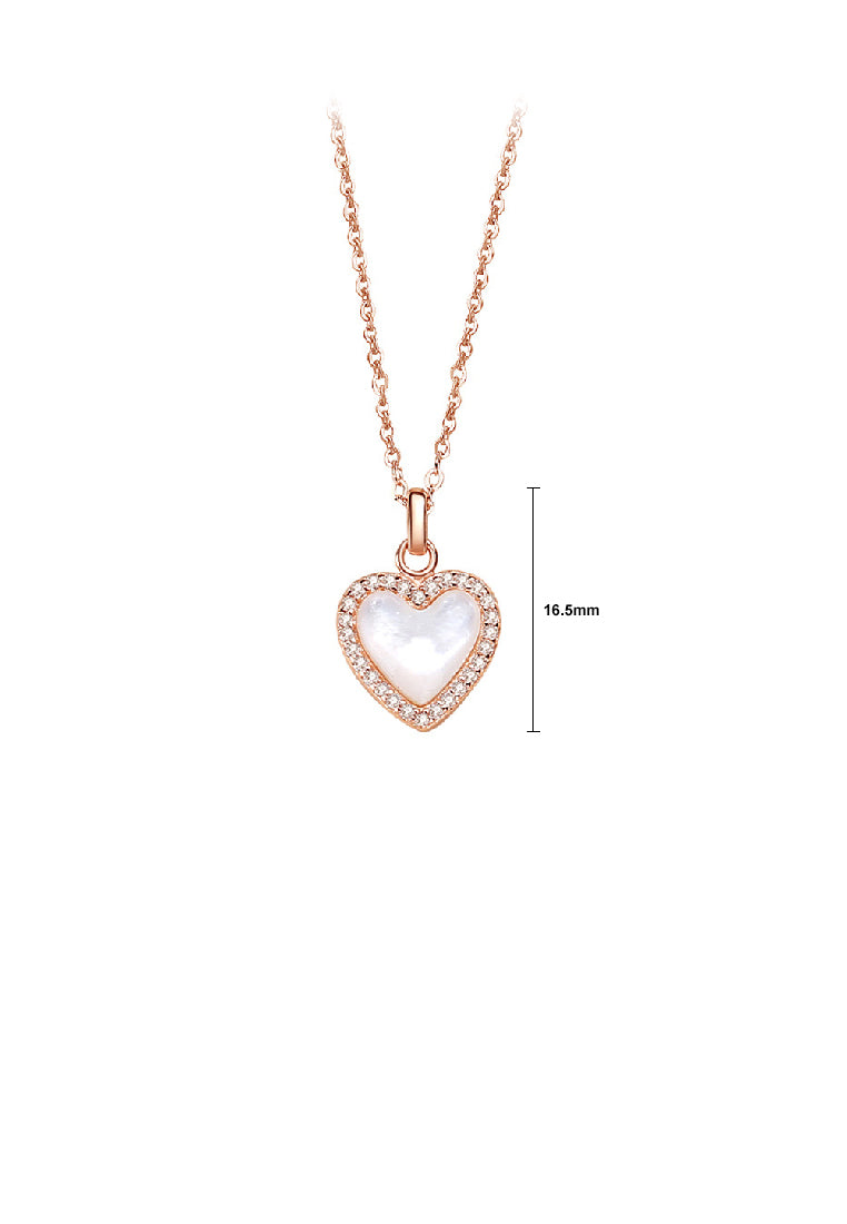 925 Sterling Silver Plated Rose Gold Simple Fashion Heart Shaped Mother Of Pearl Pendant with Cubic Zirconia and Necklace - Luxurious Look