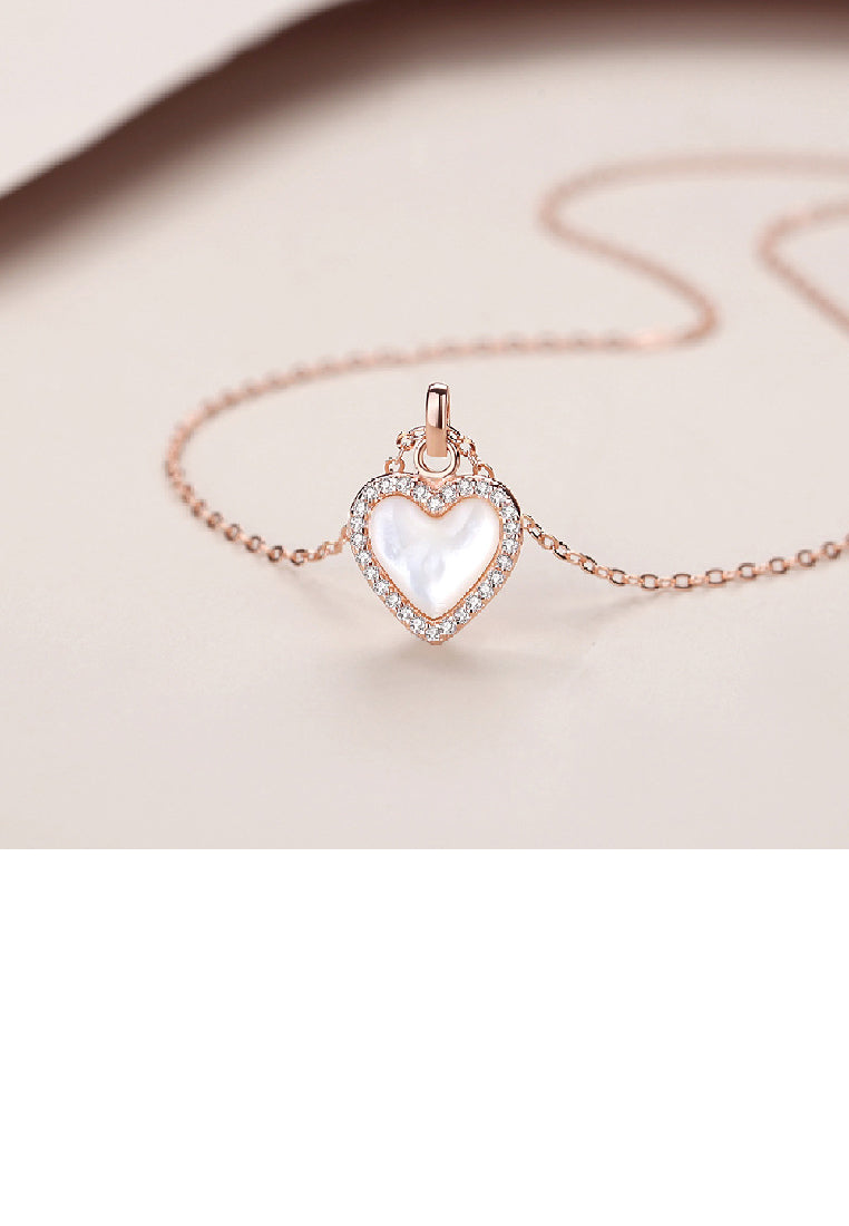925 Sterling Silver Plated Rose Gold Simple Fashion Heart Shaped Mother Of Pearl Pendant with Cubic Zirconia and Necklace - Luxurious Look