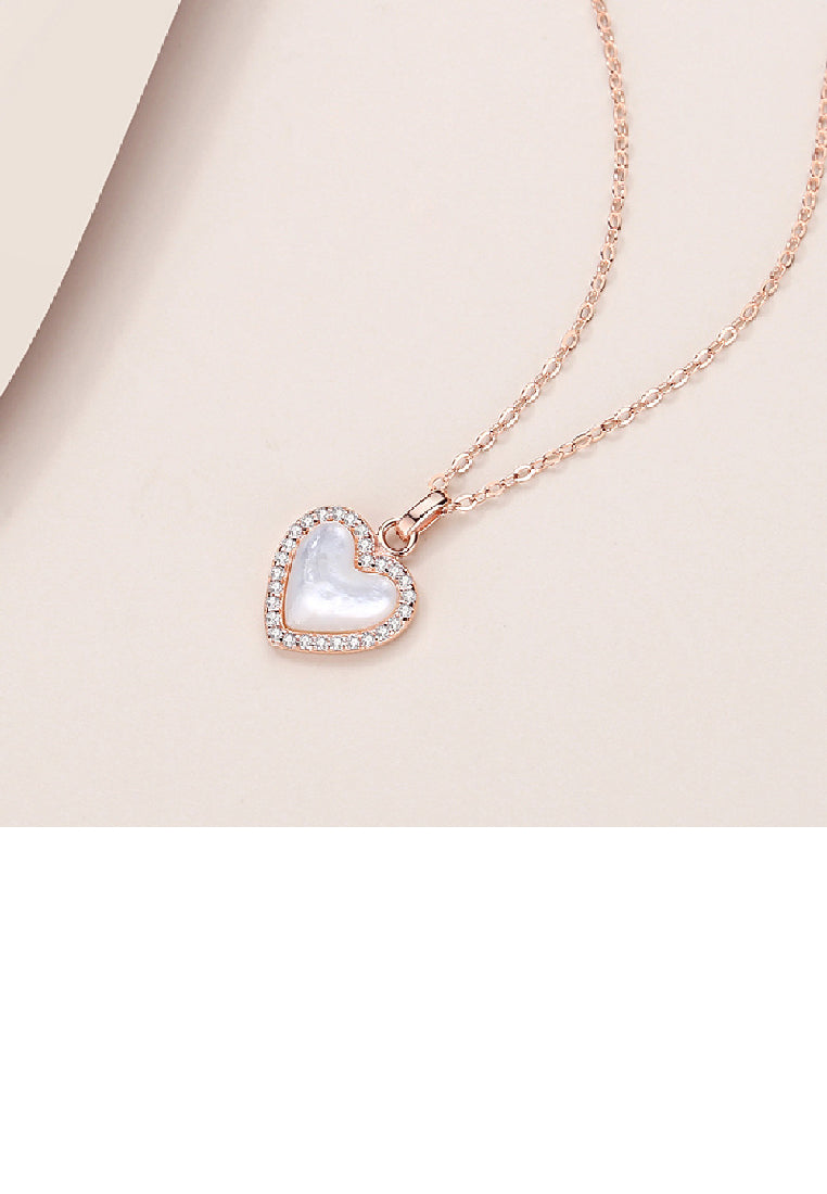 925 Sterling Silver Plated Rose Gold Simple Fashion Heart Shaped Mother Of Pearl Pendant with Cubic Zirconia and Necklace - Luxurious Look