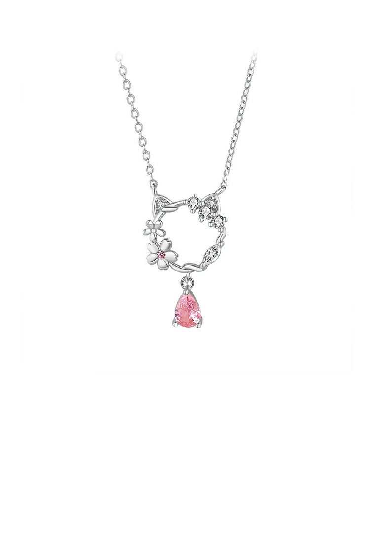 925 Sterling Silver Fashion Temperament Hollow Cat Flower Pendant with Cubic Zirconia and Necklace - Luxurious Look