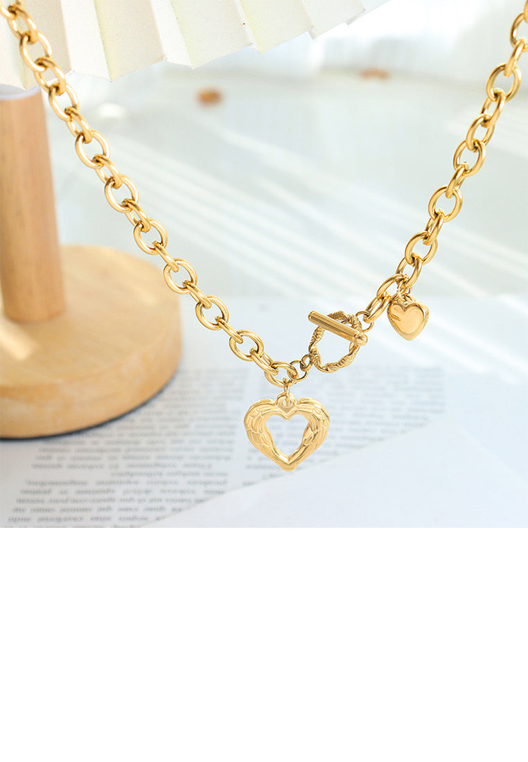 Simple Romantic Plated Gold 316L Stainless Steel Hollow Heart Pendant with Necklace