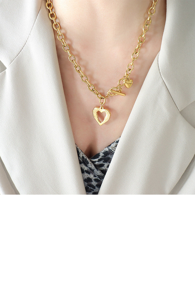 Simple Romantic Plated Gold 316L Stainless Steel Hollow Heart Pendant with Necklace