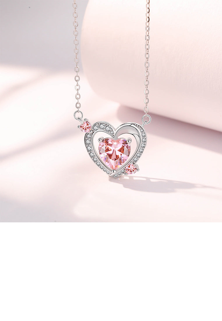 925 Sterling Silver Sweet and Fashion Heart-shaped Pendant with Pink Cubic Zirconia and Necklace - Luxurious Look - Vibrant Color