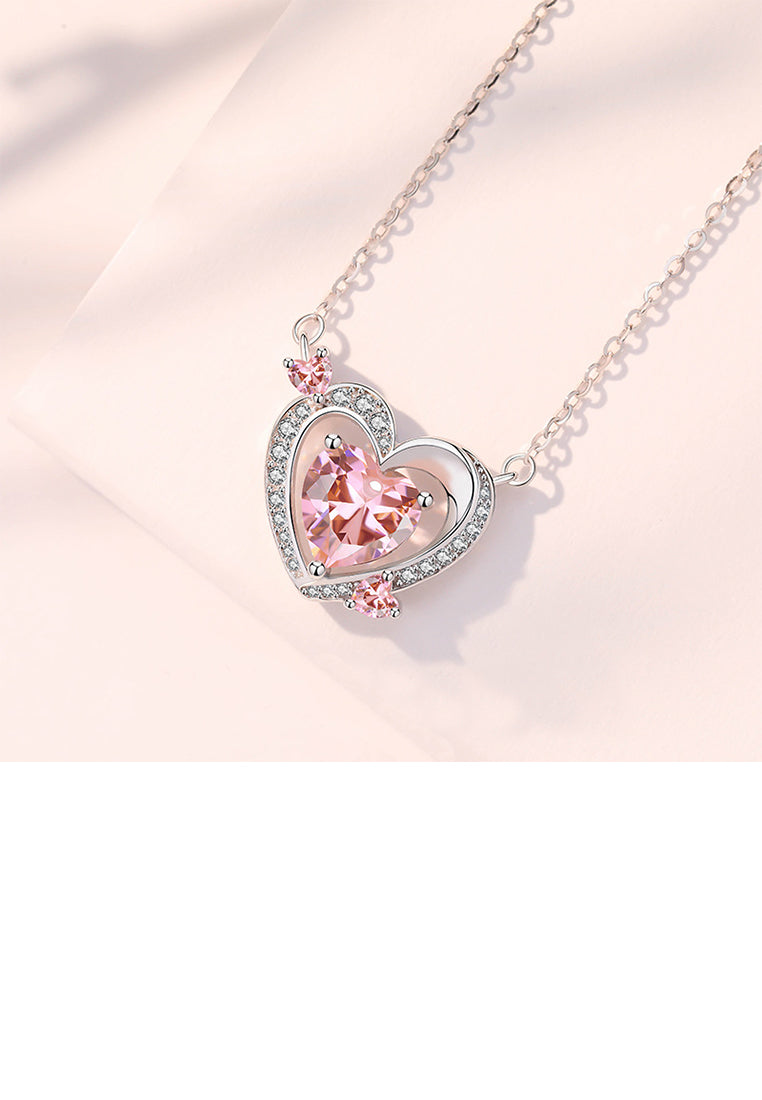 925 Sterling Silver Sweet and Fashion Heart-shaped Pendant with Pink Cubic Zirconia and Necklace - Luxurious Look - Vibrant Color