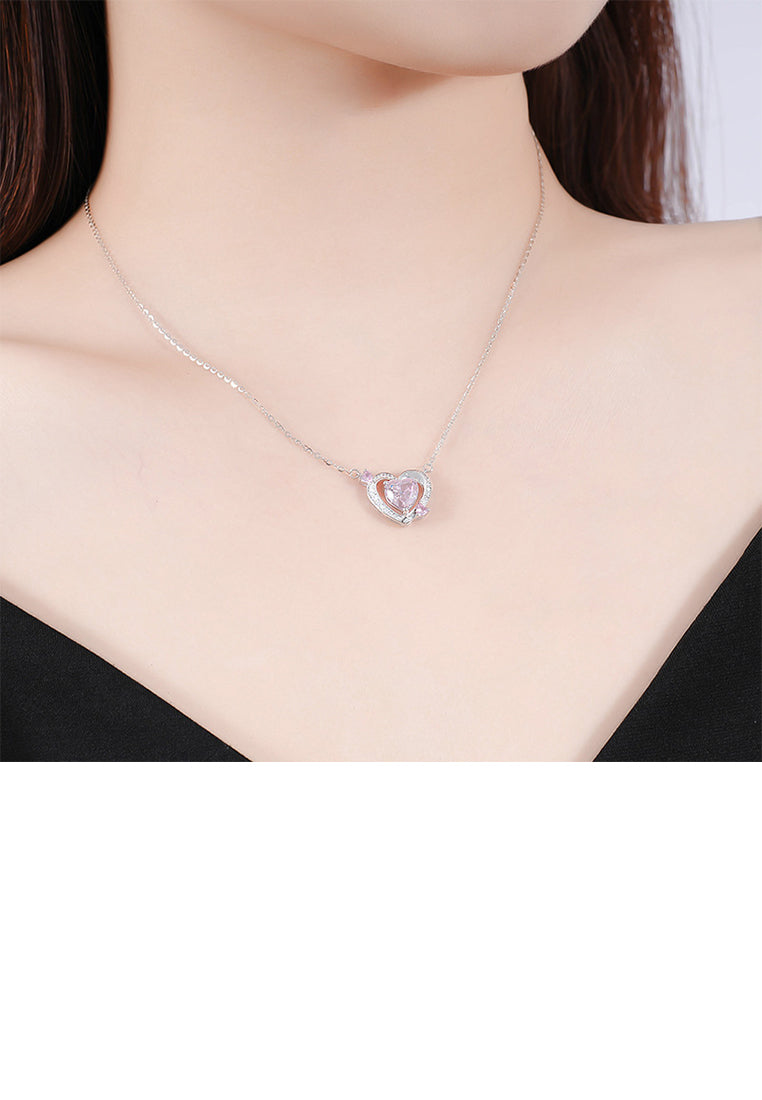 925 Sterling Silver Sweet and Fashion Heart-shaped Pendant with Pink Cubic Zirconia and Necklace - Luxurious Look - Vibrant Color
