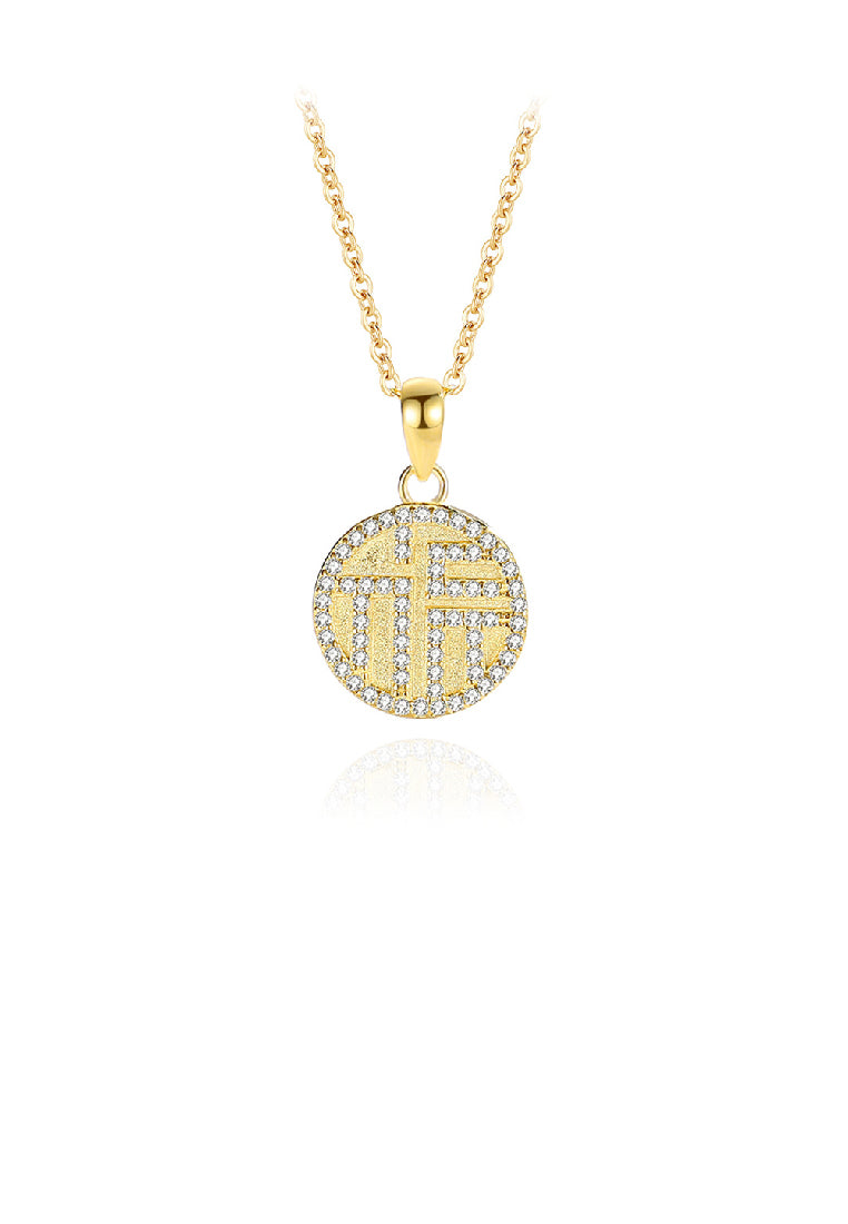 925 Sterling Silver Plated Gold Fashion Vintage Chinese Character Of Luck Geometric Round Pendant with Cubic Zirconia and Necklace - Luxurious Look