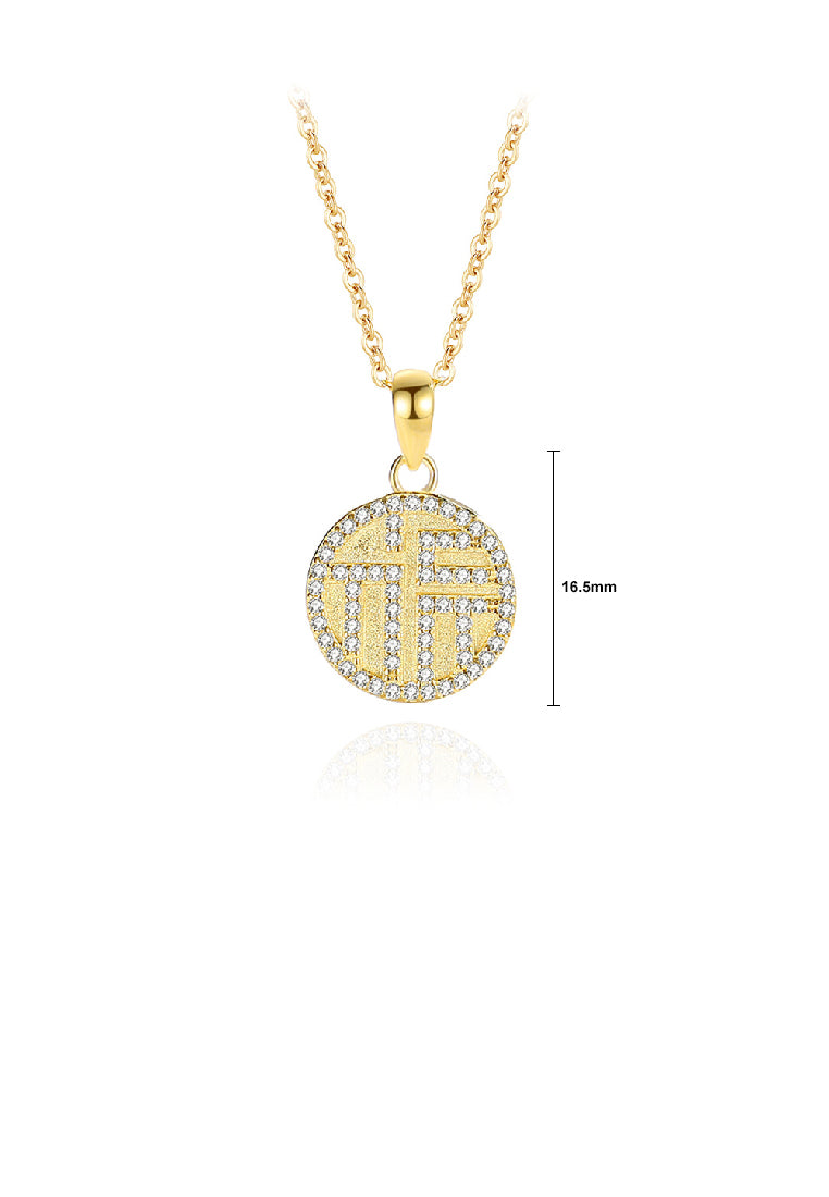925 Sterling Silver Plated Gold Fashion Vintage Chinese Character Of Luck Geometric Round Pendant with Cubic Zirconia and Necklace - Luxurious Look