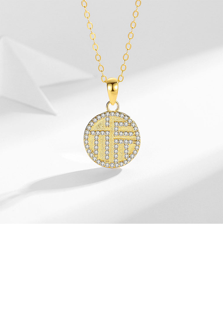 925 Sterling Silver Plated Gold Fashion Vintage Chinese Character Of Luck Geometric Round Pendant with Cubic Zirconia and Necklace - Luxurious Look