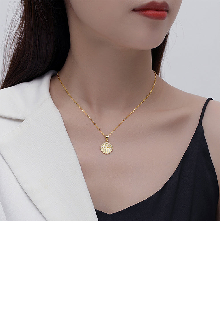 925 Sterling Silver Plated Gold Fashion Vintage Chinese Character Of Luck Geometric Round Pendant with Cubic Zirconia and Necklace - Luxurious Look