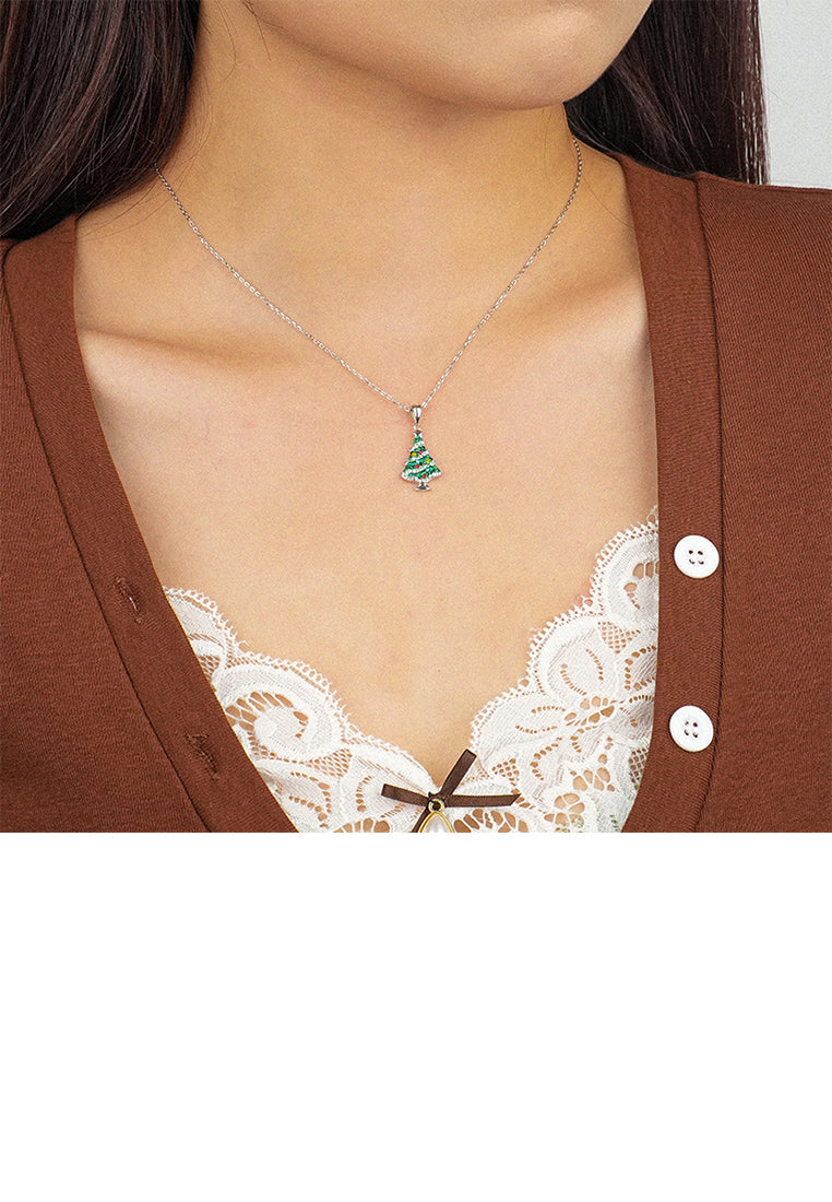 925 Sterling Silver Fashion Romantic Christmas Tree Pendant with Cubic Zirconia and Necklace - Luxurious Look