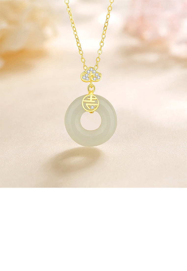 925 Sterling Silver Plated Gold Fashion Vintage Xiangyun Peace Buckle Pendant with Cubic Zirconia and Necklace - Luxurious Look