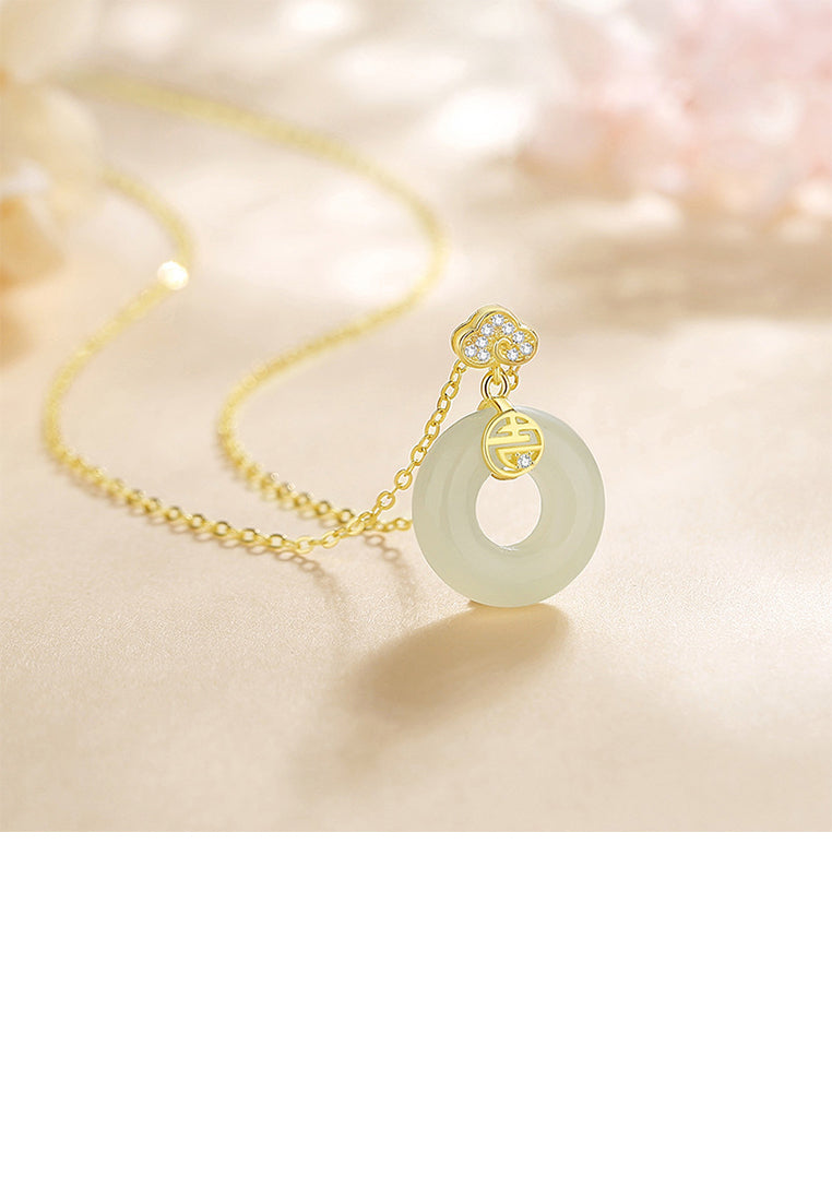 925 Sterling Silver Plated Gold Fashion Vintage Xiangyun Peace Buckle Pendant with Cubic Zirconia and Necklace - Luxurious Look