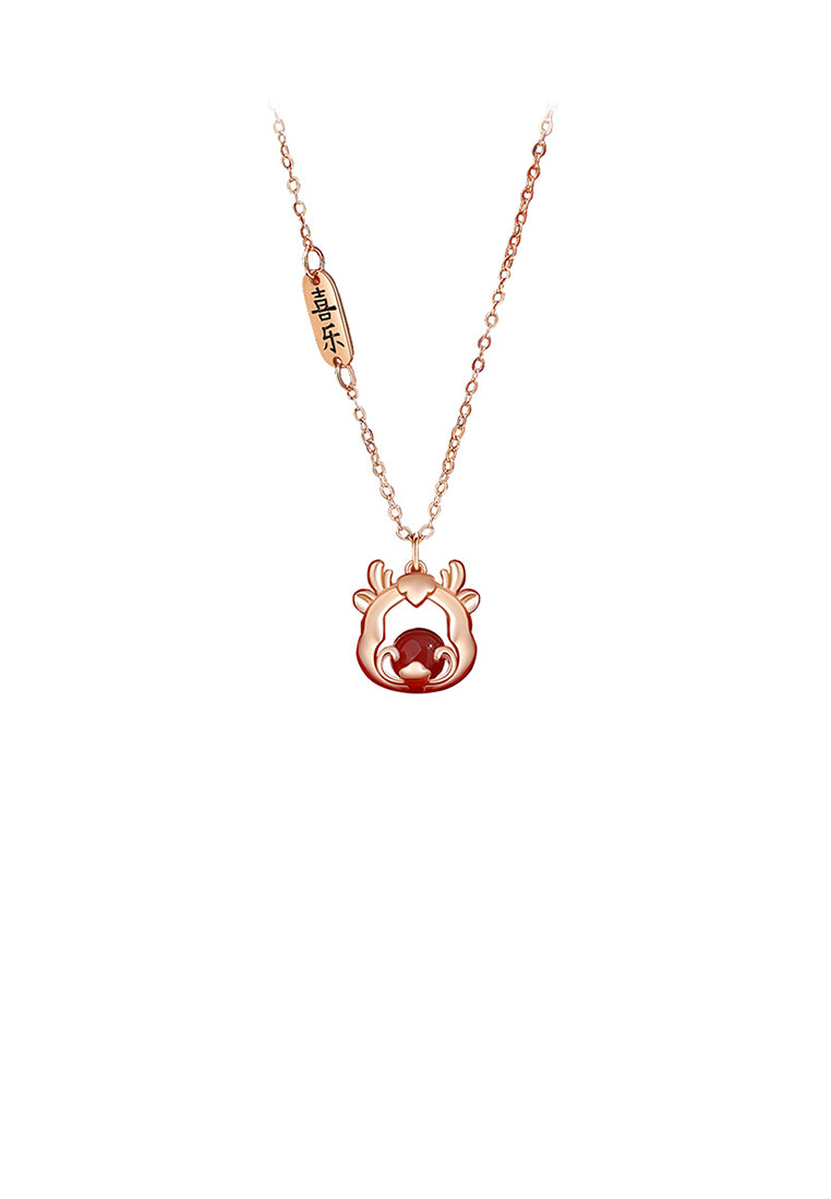 925 Sterling Silver Plated Rose Gold Fashion Vintage Chinese Zodiac Dragon Pendant with Imitation Agate and Necklace